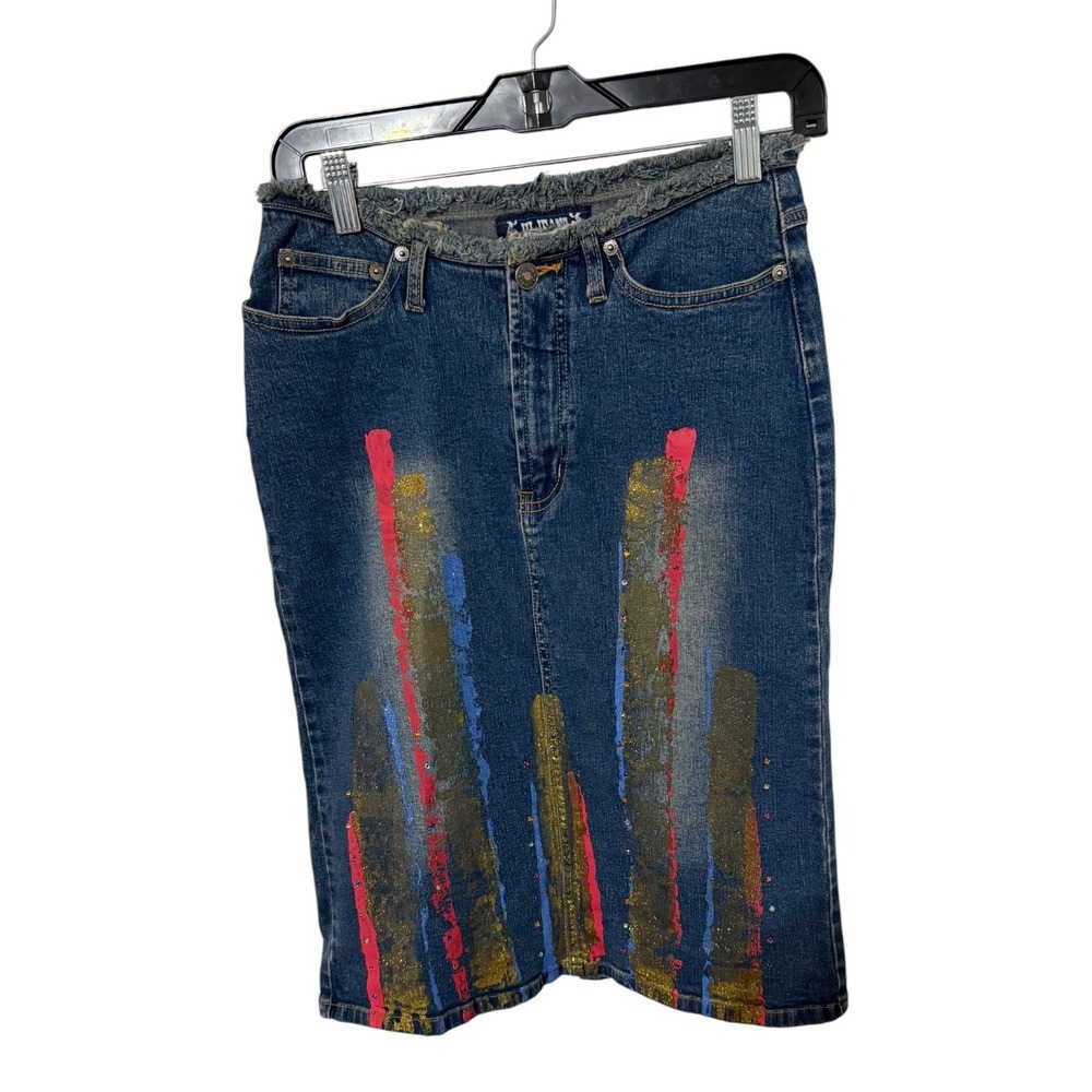 Hi Jeans Vintage Y2K Denim Midi Skirt Blue Painted Glitter Frayed Waist Size 9